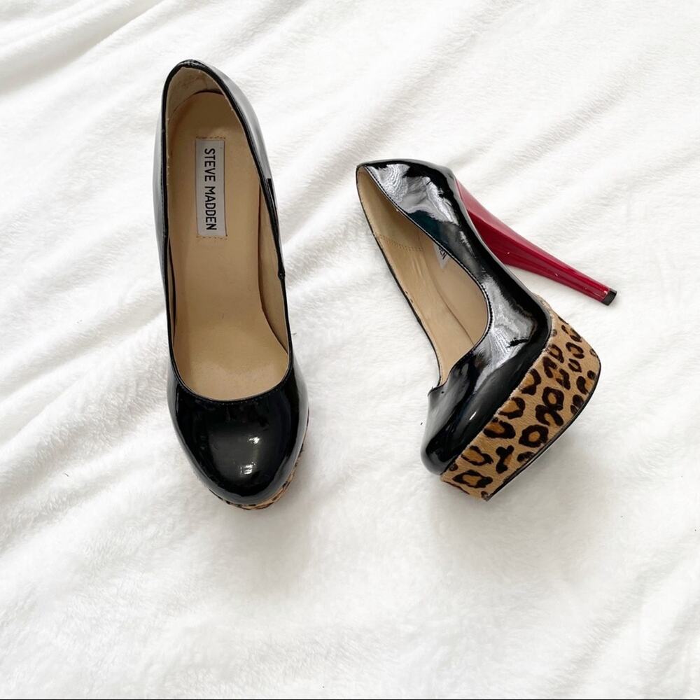 Steve Madden Foxx leopard black leather heels 7.5 pumps platform